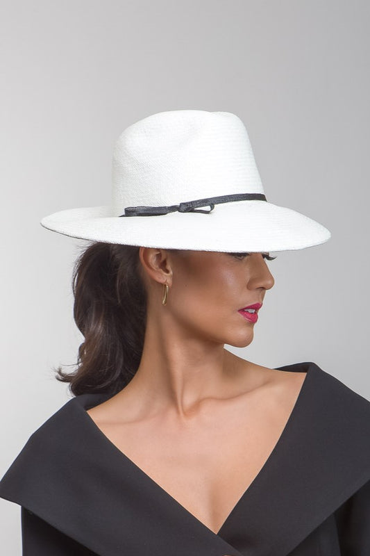  White Fedora with Black Trim Highlights By Felicity Northeast Millinery