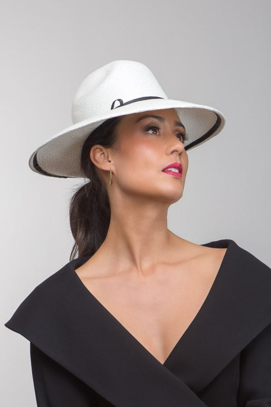  White Fedora with Black Trim Highlights By Felicity Northeast Millinery