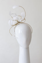 Load image into Gallery viewer, White Floating Feather Headpiece by Felicity Northeast Millinery is a gorgeous headband with cascading white feathers and light gold highlights.