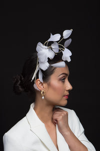 White Floating Feather Headpiece by Felicity Northeast Millinery is a gorgeous headband with cascading white feathers and light gold highlights.
