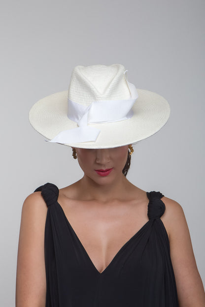 White Panama Fedora with Floating Ribbons By Felicity Northeast Millinery