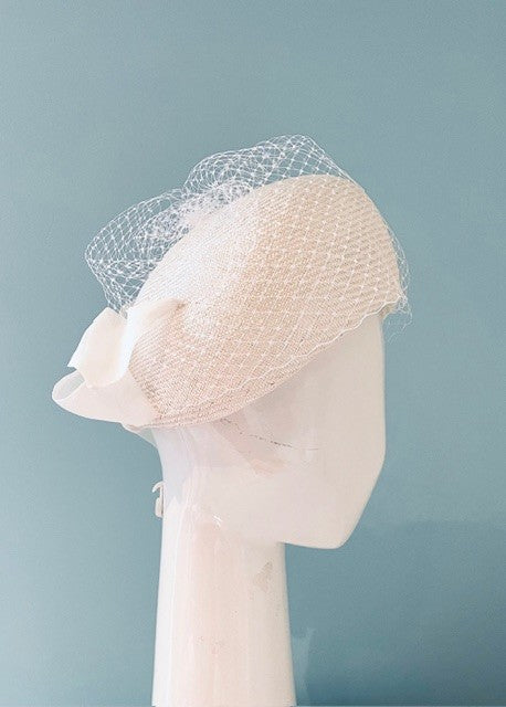 White Pillbox with Organza Bow and Veiling