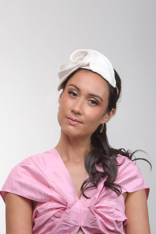 White Pleated Straw Headband by Felicity Northeast Millinery