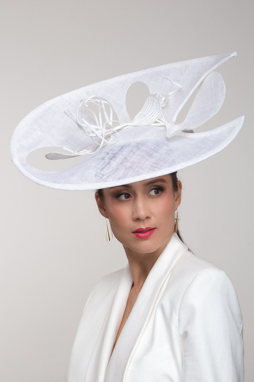 White Sweeping Platter Petal Hat by Felicity Northeast Millinery