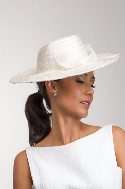 White Textured Hat with Organza Bows