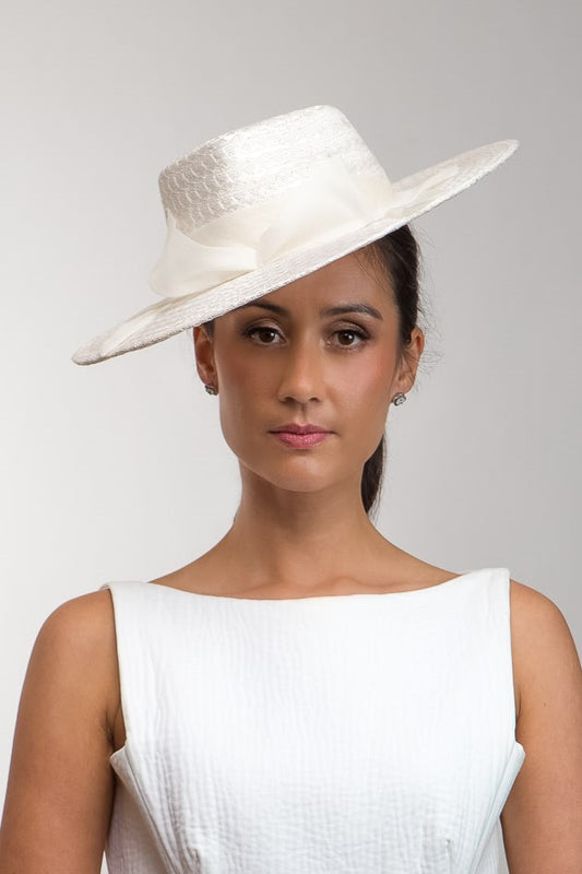 White Textured Hat with Organza Bows