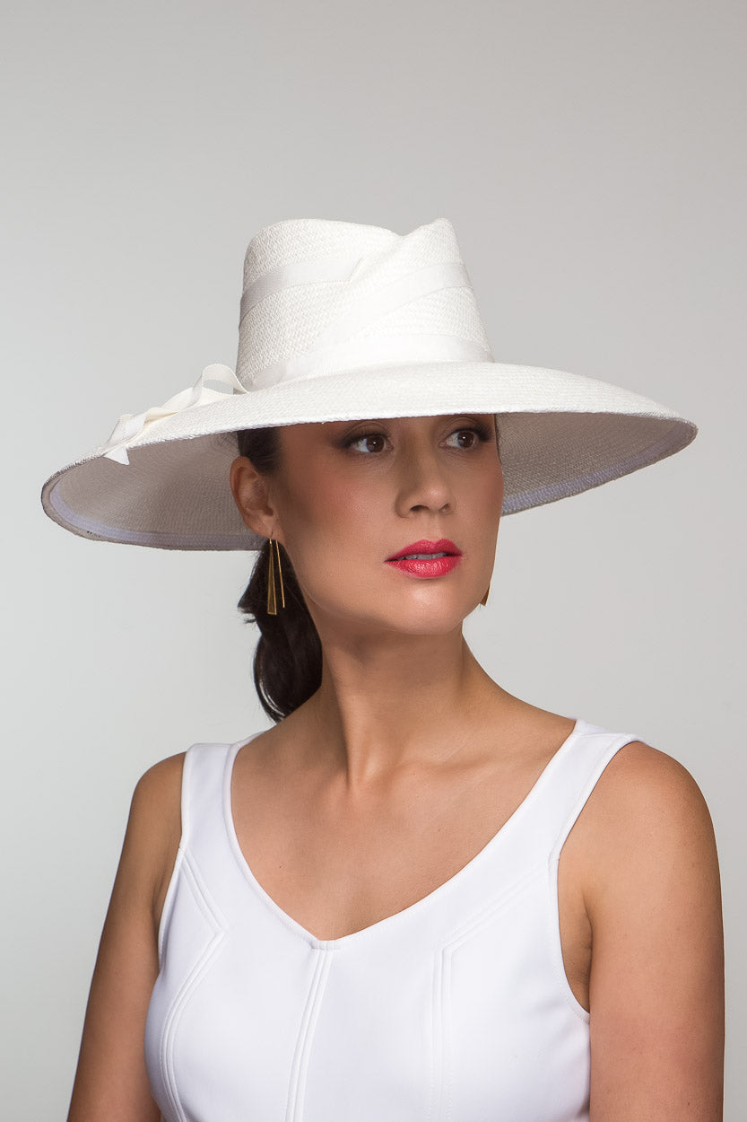 White Wide Brim Panama with Ribbons By Felicity Northeast Millinery