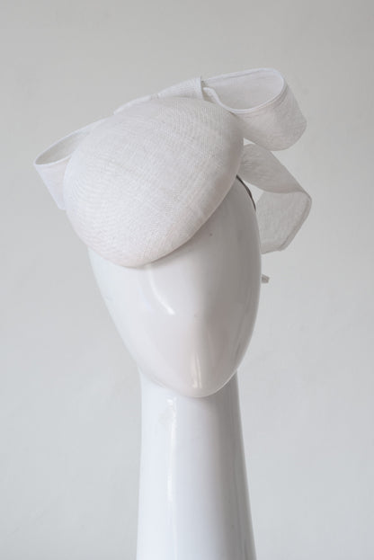 White Beret with Sweeping Back Bow By Felicity Northeast Millinery