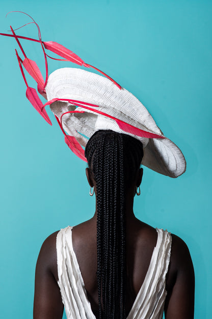 White Braid Sweeping Platter with Dancing Pink Feathers by Felicity Northeast Millinery