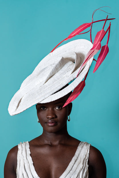 White Braid Sweeping Platter with Dancing Pink Feathers by Felicity Northeast Millinery