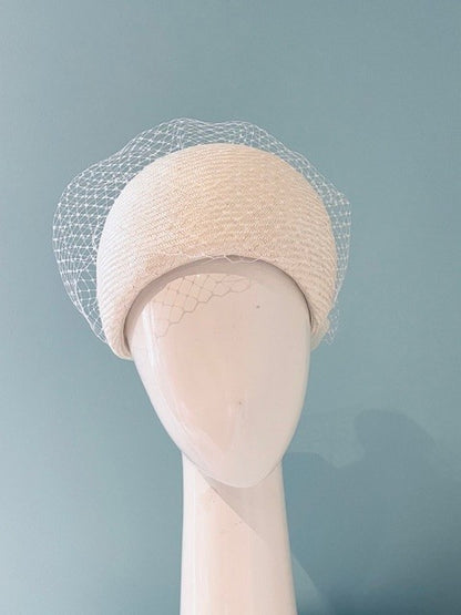 White Pillbox with Organza Bow and Veiling