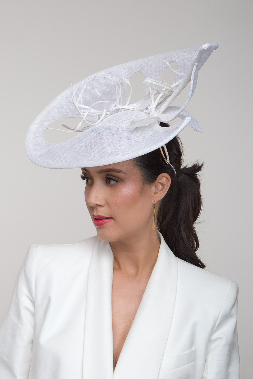 White Sweeping Platter Petal Hat by Felicity Northeast Millinery