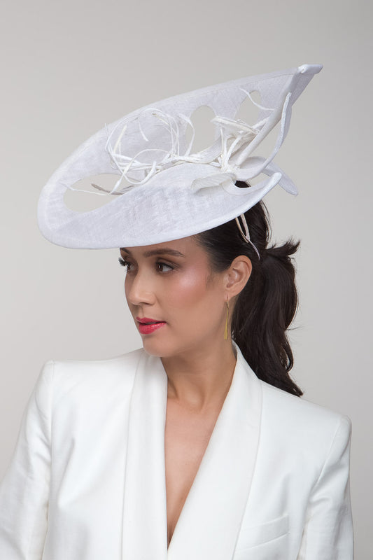 White Sweeping Platter Petal Hat by Felicity Northeast Millinery