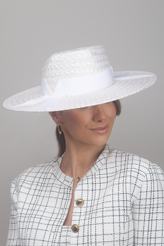 White Textured Wide Brimmed Hat By Felicity Northeast Millinery