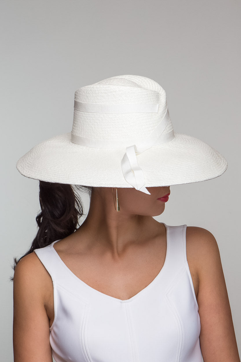 White Wide Brim Panama with Ribbons By Felicity Northeast Millinery