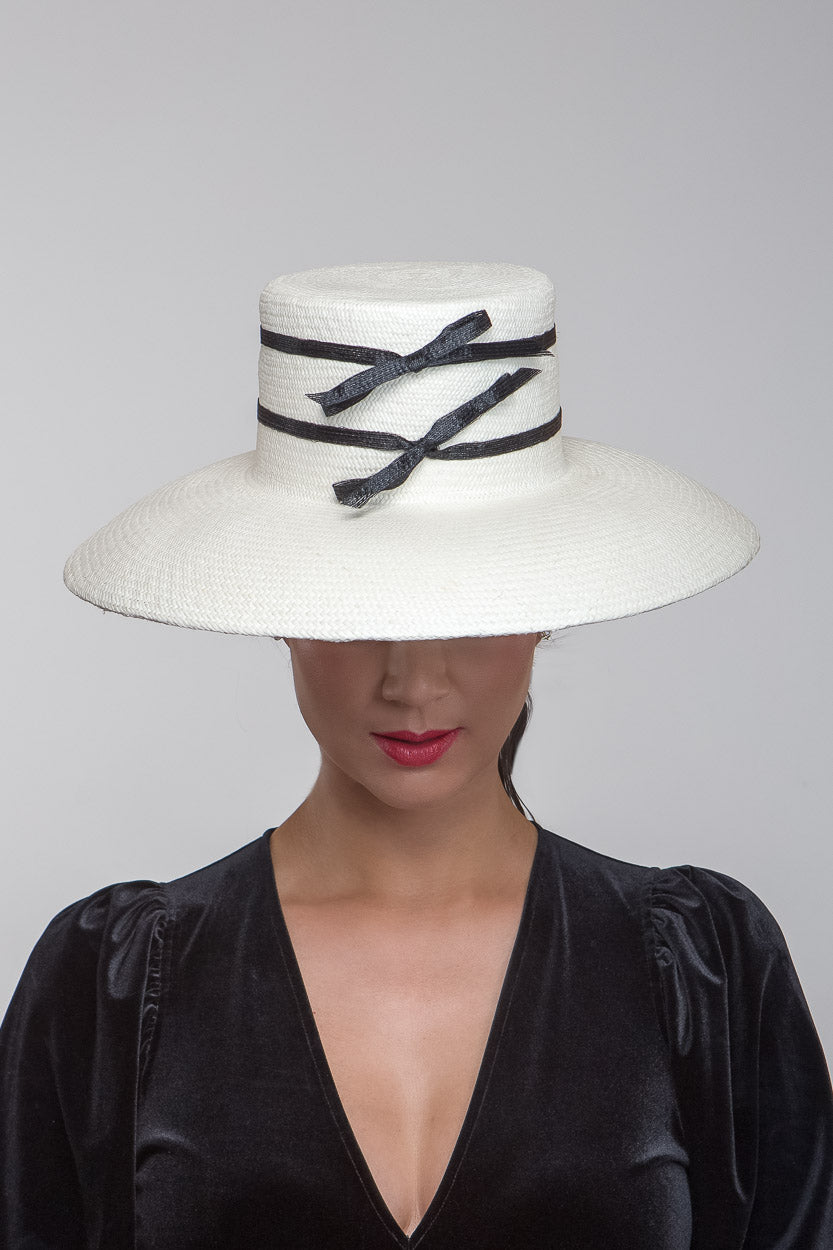 White and Black Bowed Wide Brimmed Hat by Felicity Northeast MIllinery