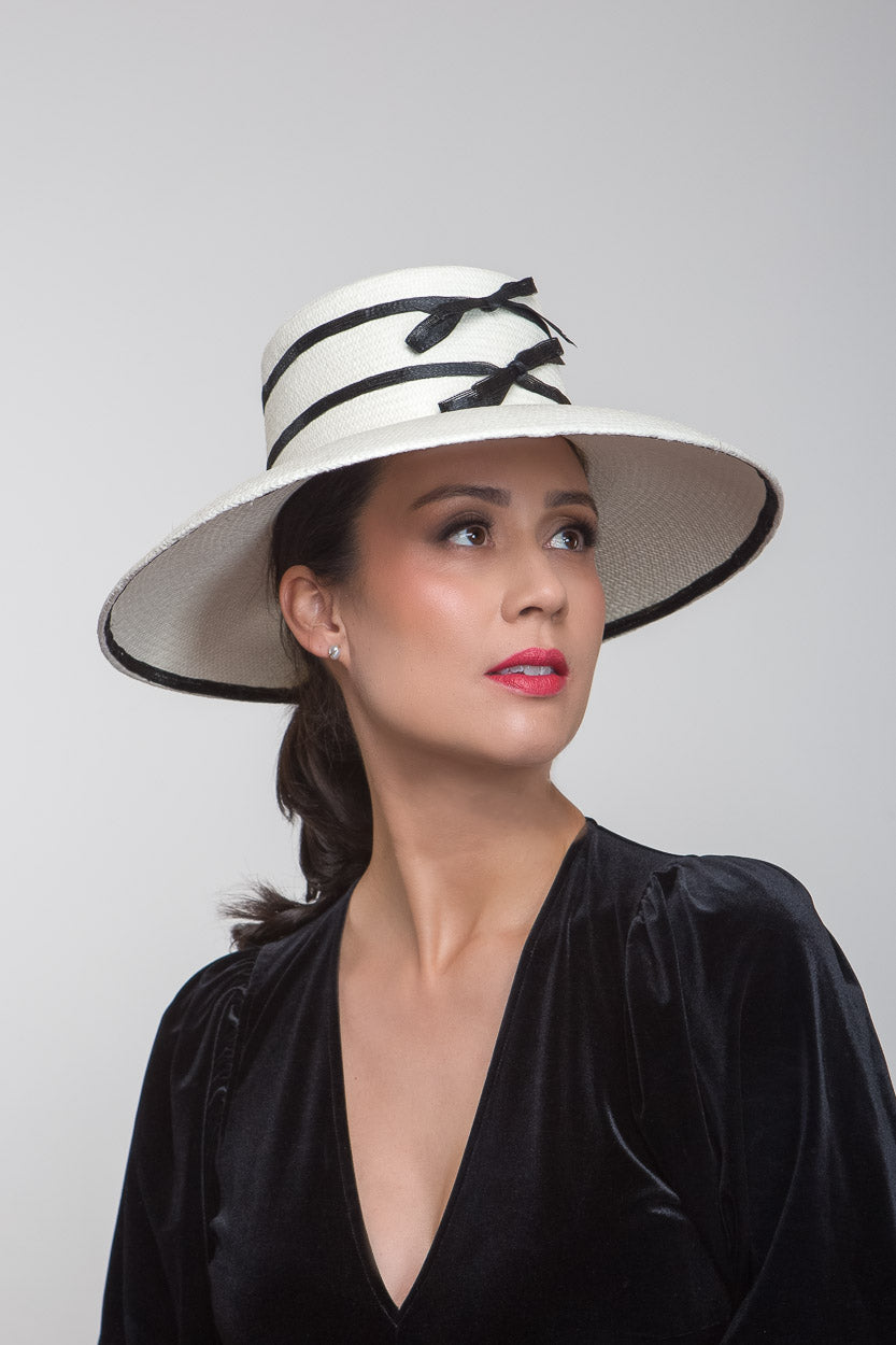 White and Black Bowed Wide Brimmed Hat by Felicity Northeast MIllinery