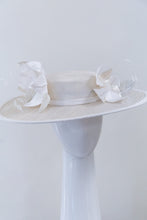 Load image into Gallery viewer, White and Silver Boater with Side Flowers By Felicity Northeast Millinery