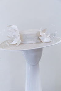 White and Silver Boater with Side Flowers By Felicity Northeast Millinery