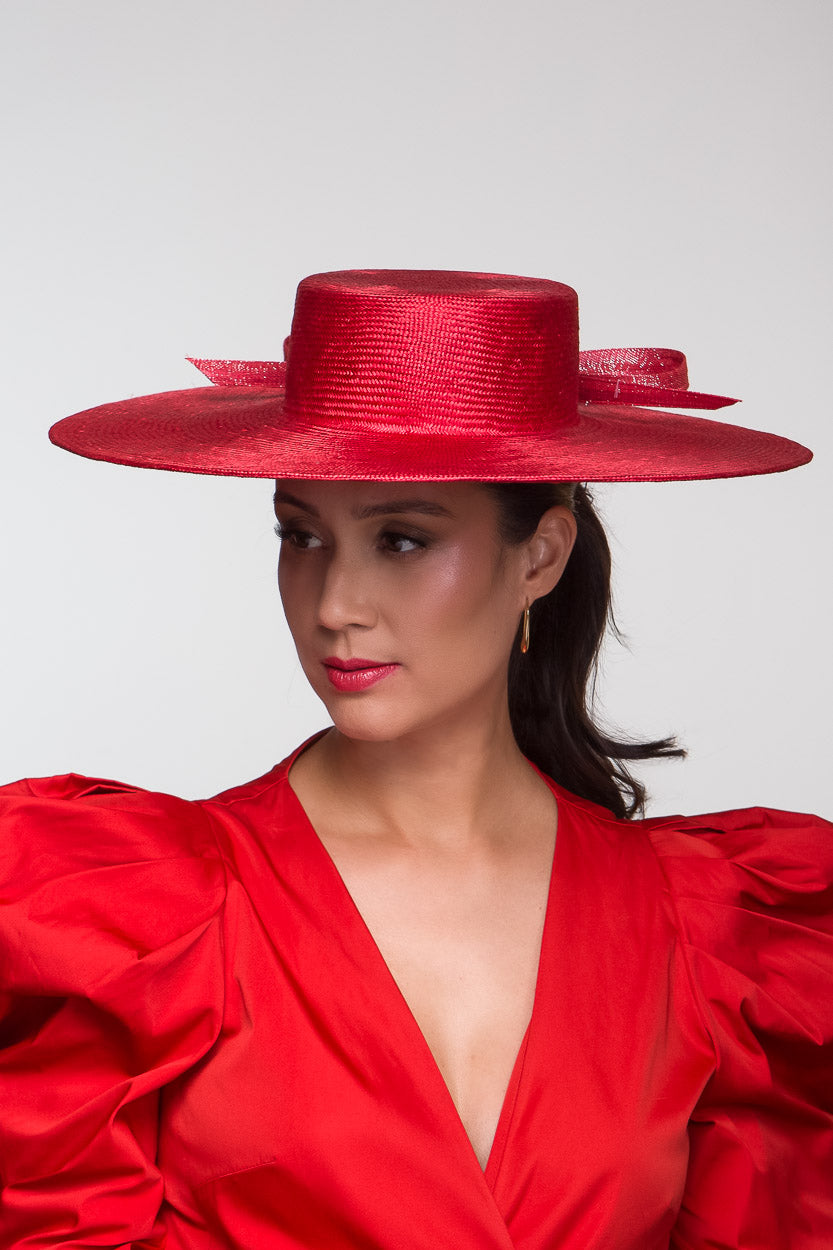 Wide Brim Red Boater with Bow By Felicity Northeast Millinery