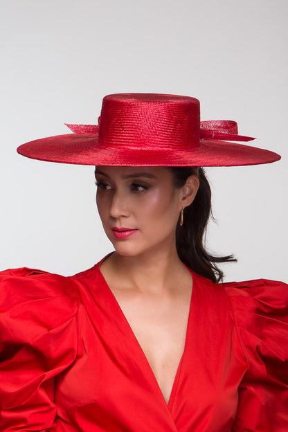 Wide Brim Red Boater with Bow By Felicity Northeast Millinery