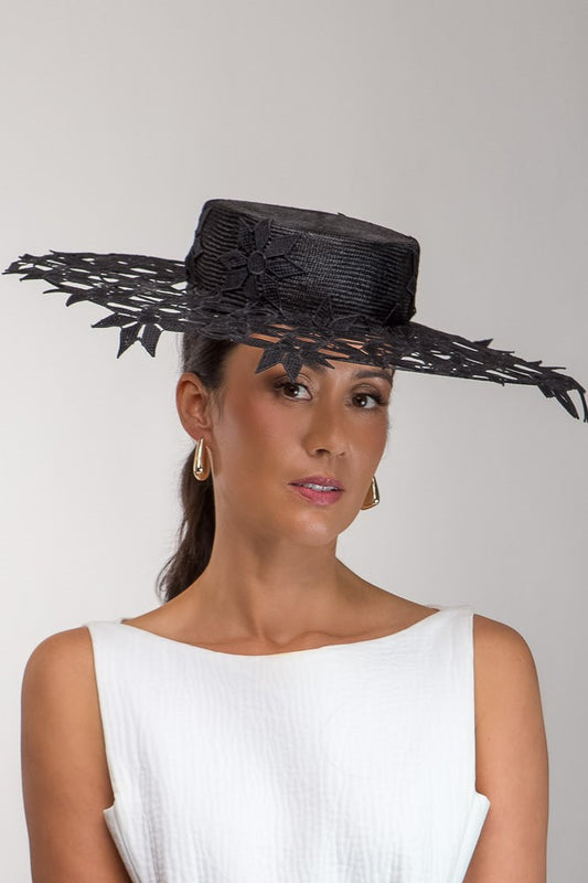 Wide Brimmed Black Lace Boater by Felicity Northeast Millinery