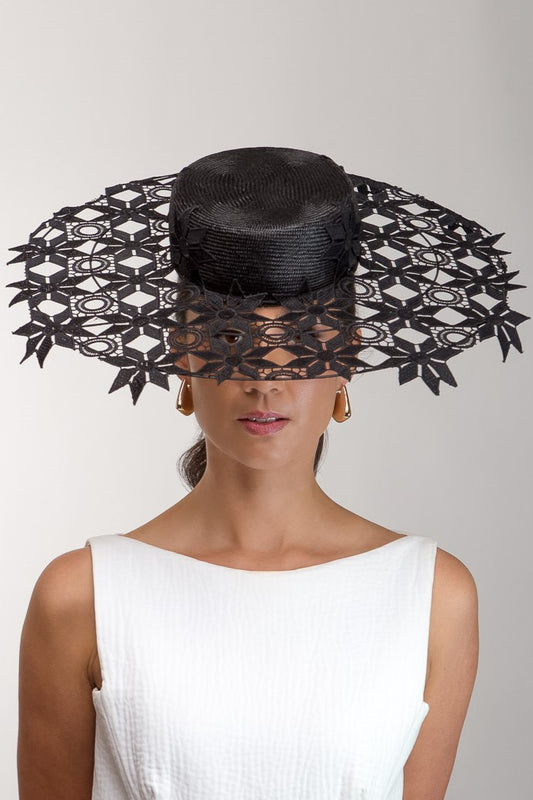 Wide Brimmed Black Lace Boater by Felicity Northeast Millinery