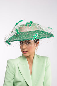 Wide Brimmed Hat with Feather Leaves in Greens and Pink by Felicity Northeast Millinery