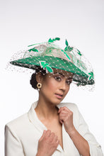 Load image into Gallery viewer, Wide Brimmed Hat with Feather Leaves in Greens and Pink by Felicity Northeast Millinery