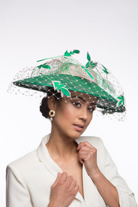 Wide Brimmed Hat with Feather Leaves in Greens and Pink by Felicity Northeast Millinery