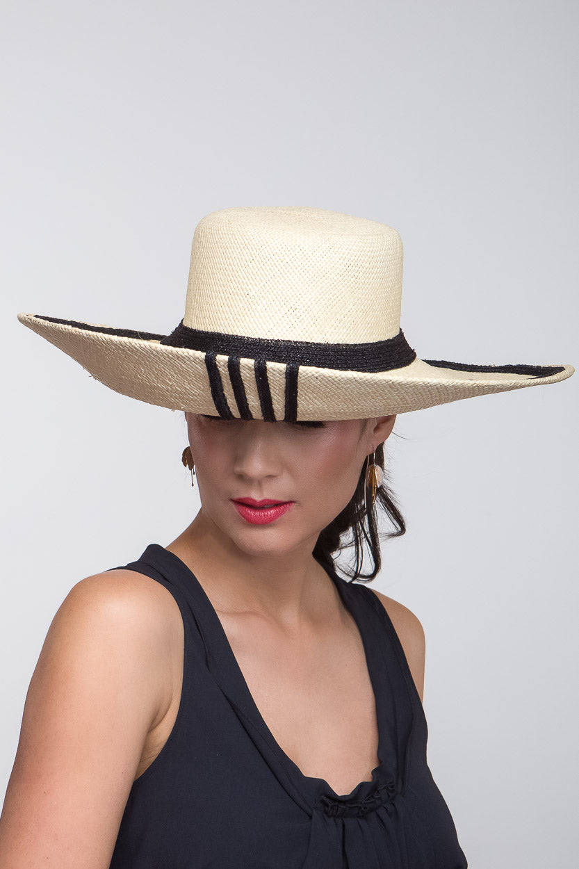 Wide Brimmed Natural Panama with Stripes By Felicity Northeast Millinery