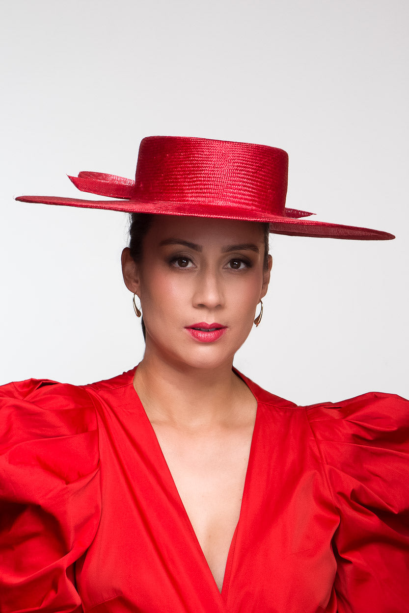 Wide Brim Red Boater with Bow By Felicity Northeast Millinery