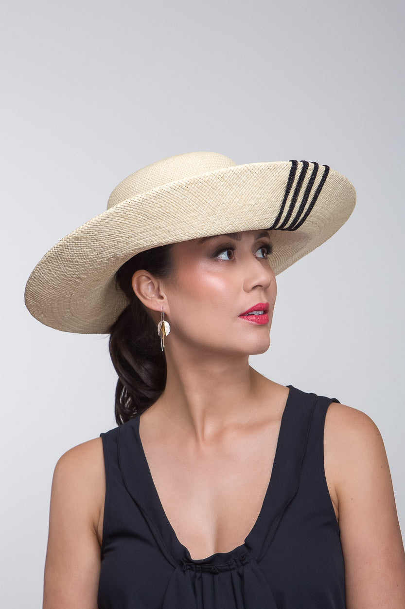 Wide Brimmed Natural Panama with Stripes By Felicity Northeast Millinery
