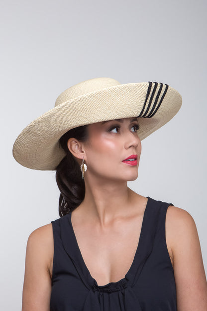 Wide Brimmed Natural Panama with Stripes By Felicity Northeast Millinery