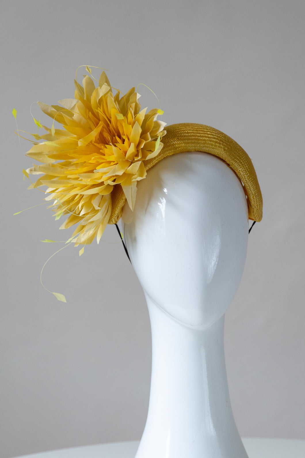 The Yellow Chrysanthemum Headband is a high quality straw headband with pom pom chrysanthemums