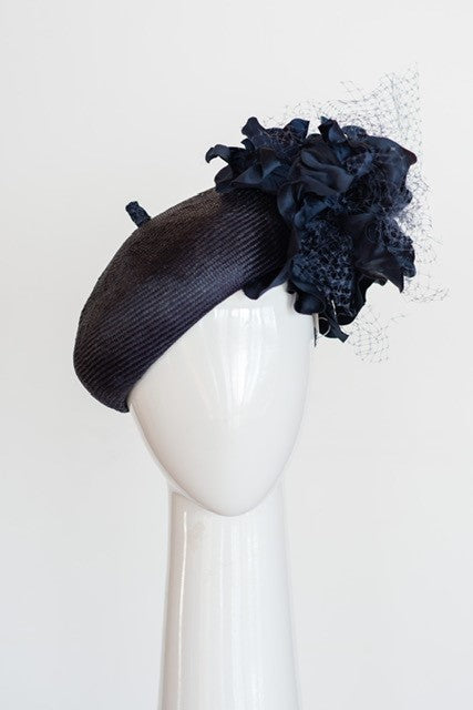 Navy Beret with Silk Flower