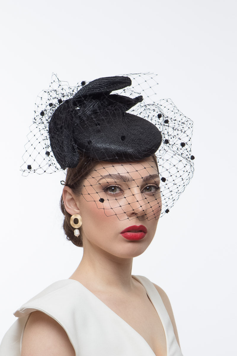 Black Pleated Bow Veiled Cocktail Hat  by Felicity Northeast Millinery