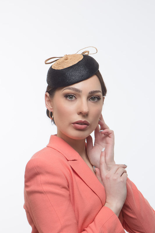 Black and Natural Straw Button By Felicity Northeast Millinery