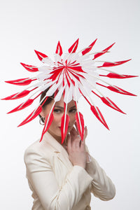 Sculptural Red and White Feather Hat by Felicity Northeast Millinery