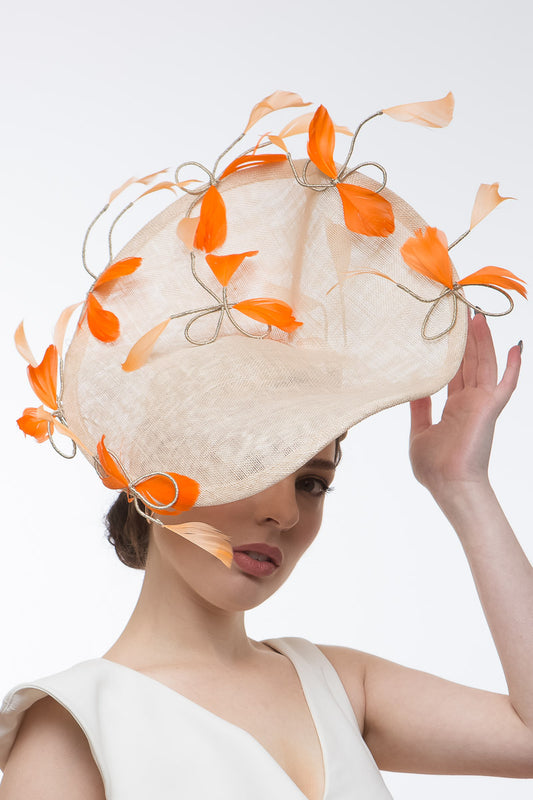 Sweeping Natural Platter with Orange Feathered Bows by Felicity Northeast Milliner