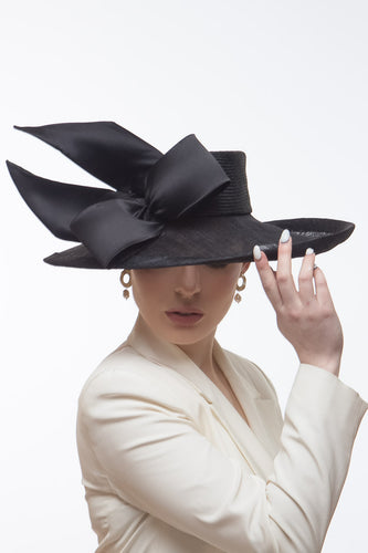 Sweeping Wide Brimmed Hat with Side Bow in Black by Felicity Northeast Millinery