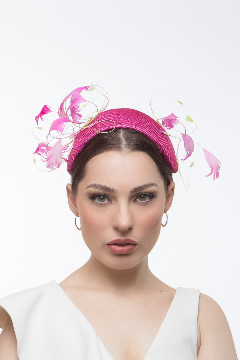 Swirling Feather Headband in Pink by Felicity Northeast Millinery
