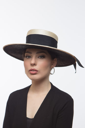 Two Toned Boater in Cream and Black by Felicity Northeast Millinery