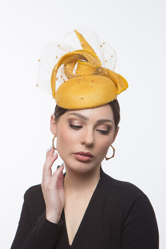 Yellow Cocktail Hat with Pleated Straw Bow and Veiling By Felicity Northeast Millinery