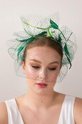 Floating Veiled Feather Headband in Greens by Felicity Northeast Millinery