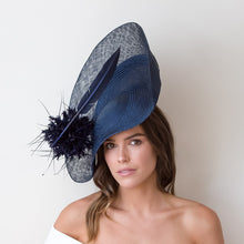 Load image into Gallery viewer,  Navy Platter Hat With Feather Pom Pom by Felicity Northeast Millinery