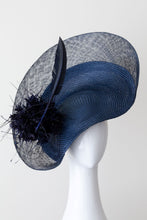 Load image into Gallery viewer,  Navy Platter Hat With Feather Pom Pom by Felicity Northeast Millinery