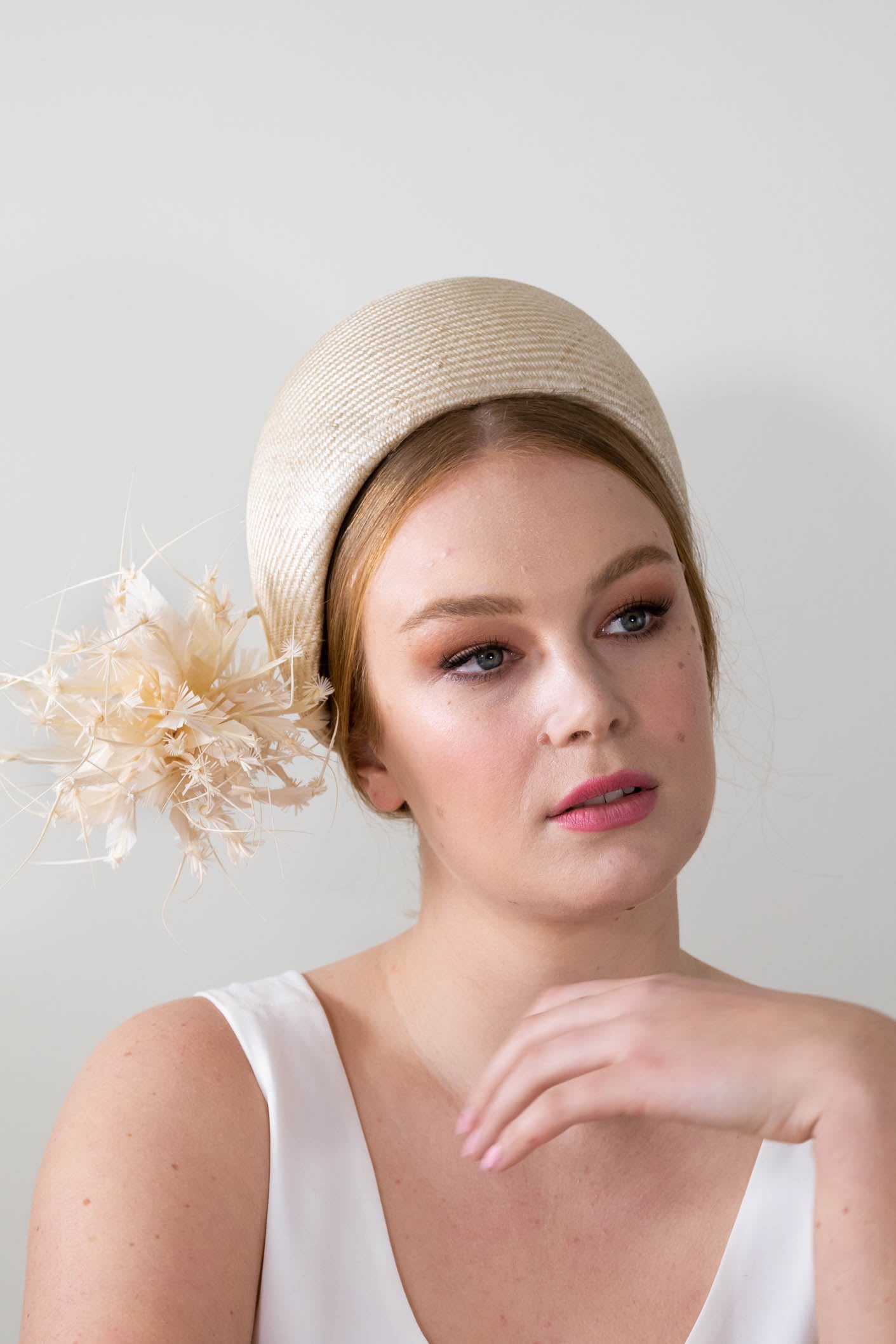 Natural Pillbox Hat with Feather Pom Pom By Felicity Northeast Millinery