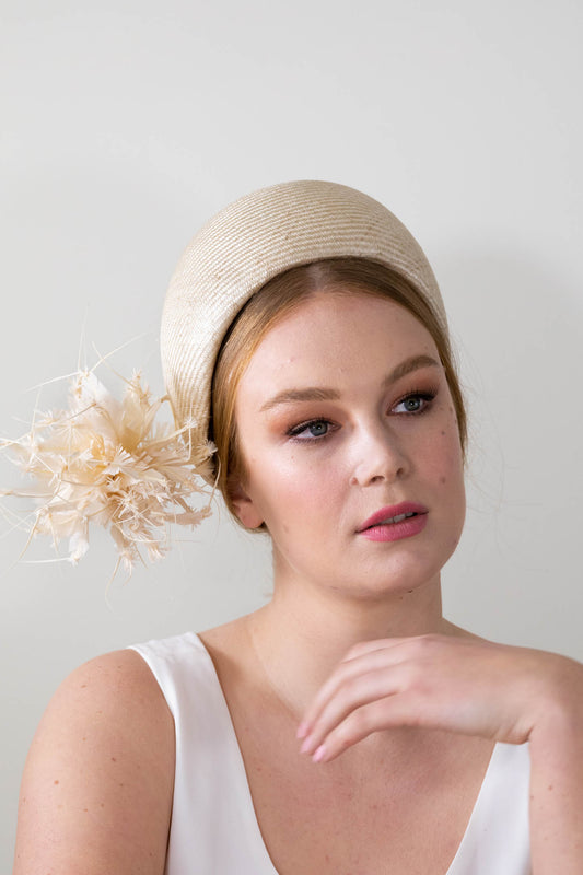 Natural Pillbox Hat with Feather Pom Pom By Felicity Northeast Millinery