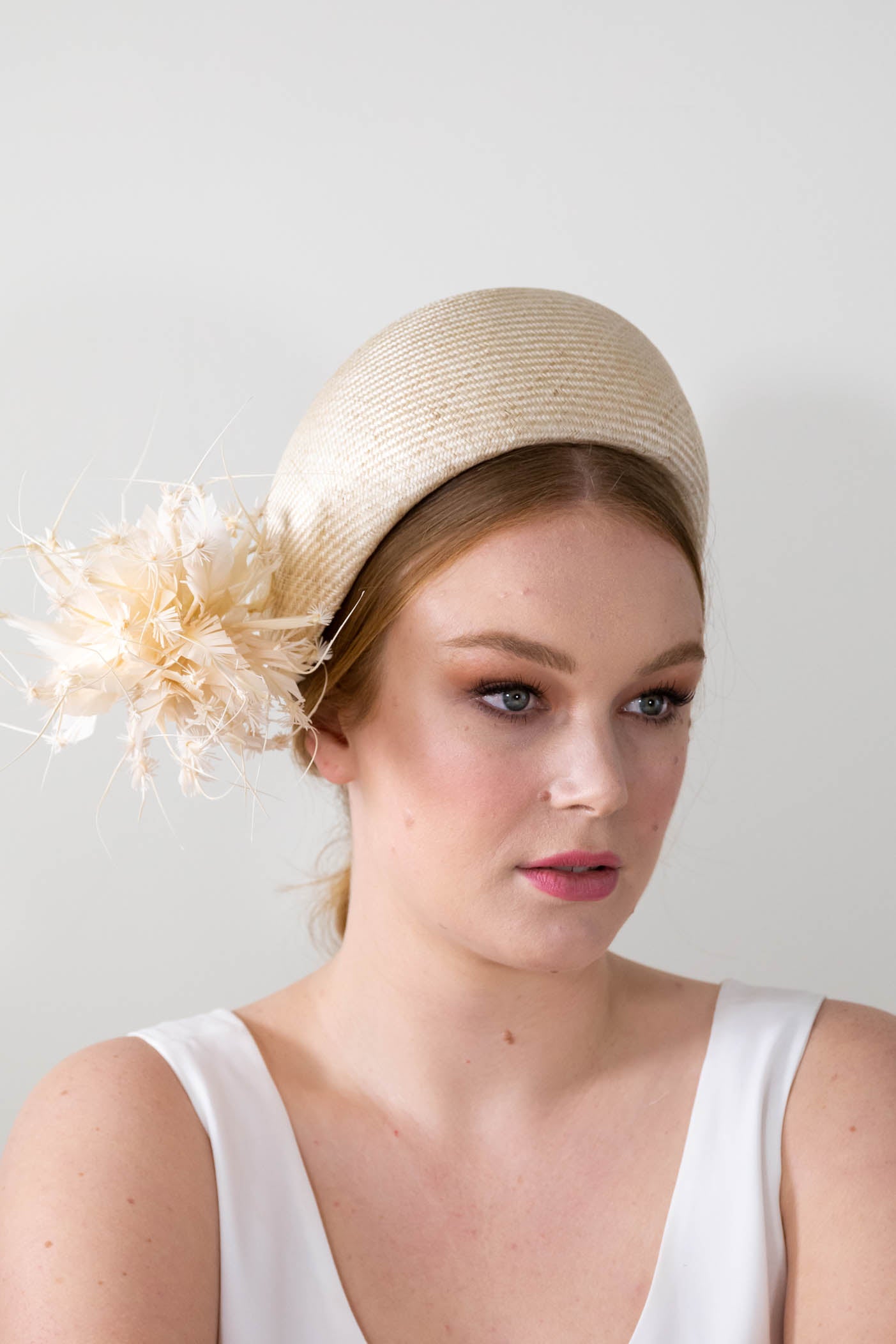 Natural Pillbox Hat with Feather Pom Pom By Felicity Northeast Millinery